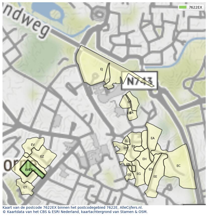 Afbeelding van het postcodegebied 7622 EX op de kaart.