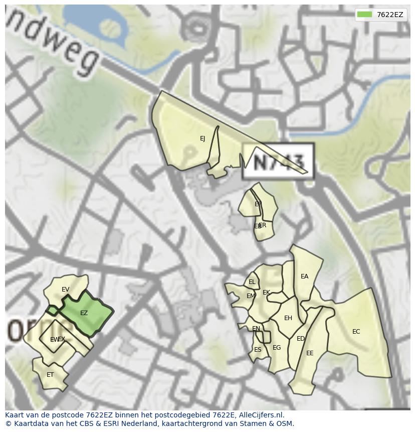 Afbeelding van het postcodegebied 7622 EZ op de kaart.