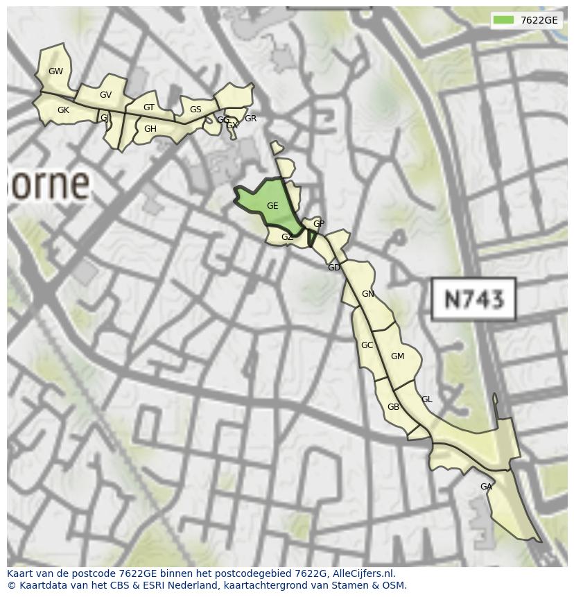 Afbeelding van het postcodegebied 7622 GE op de kaart.