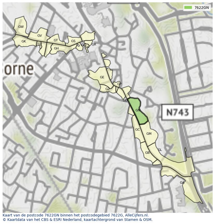 Afbeelding van het postcodegebied 7622 GN op de kaart.