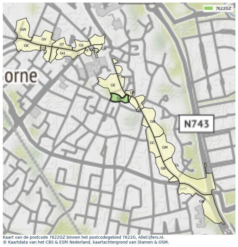 Afbeelding van het postcodegebied 7622 GZ op de kaart.