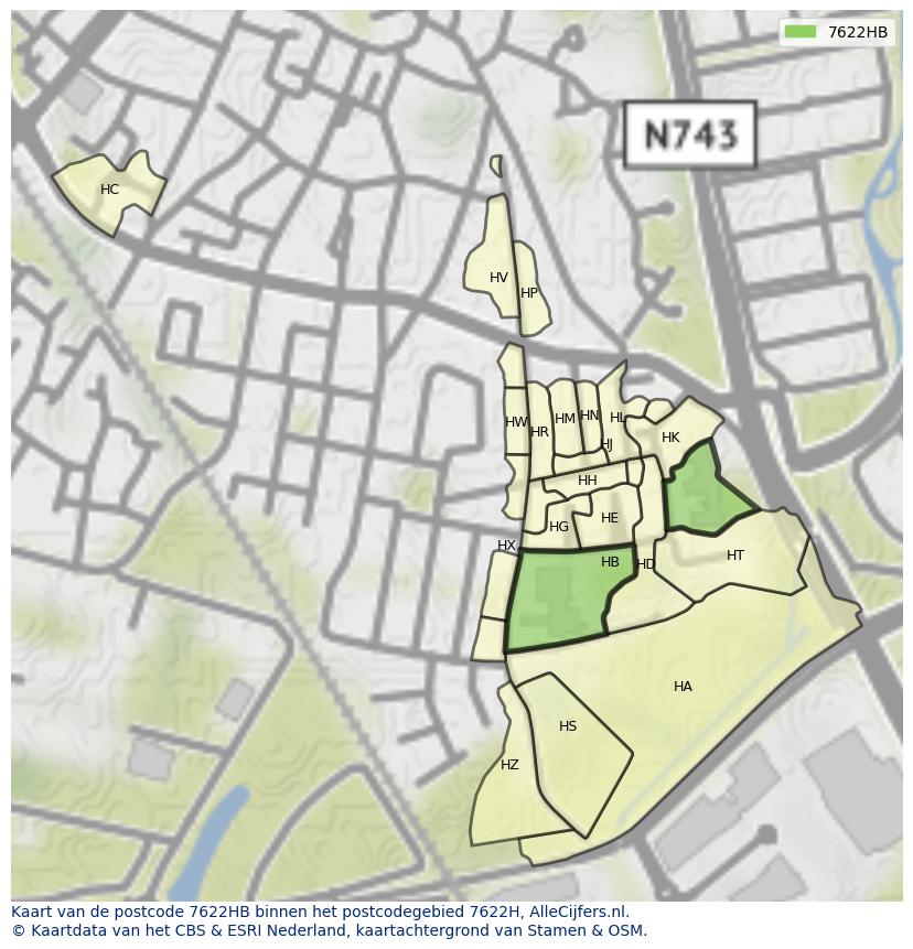 Afbeelding van het postcodegebied 7622 HB op de kaart.