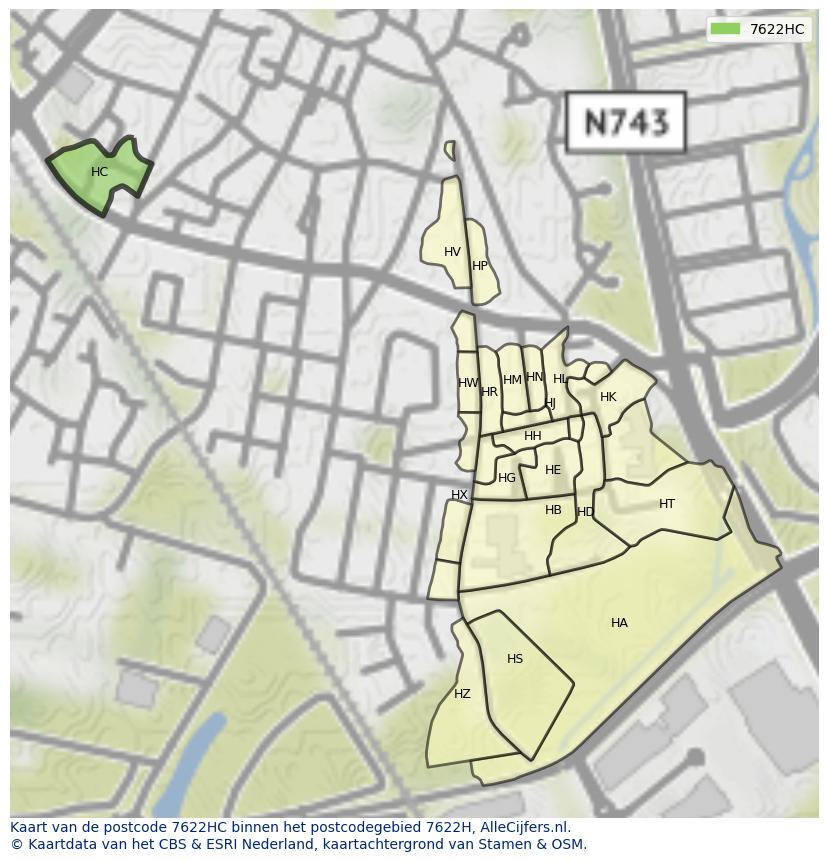 Afbeelding van het postcodegebied 7622 HC op de kaart.