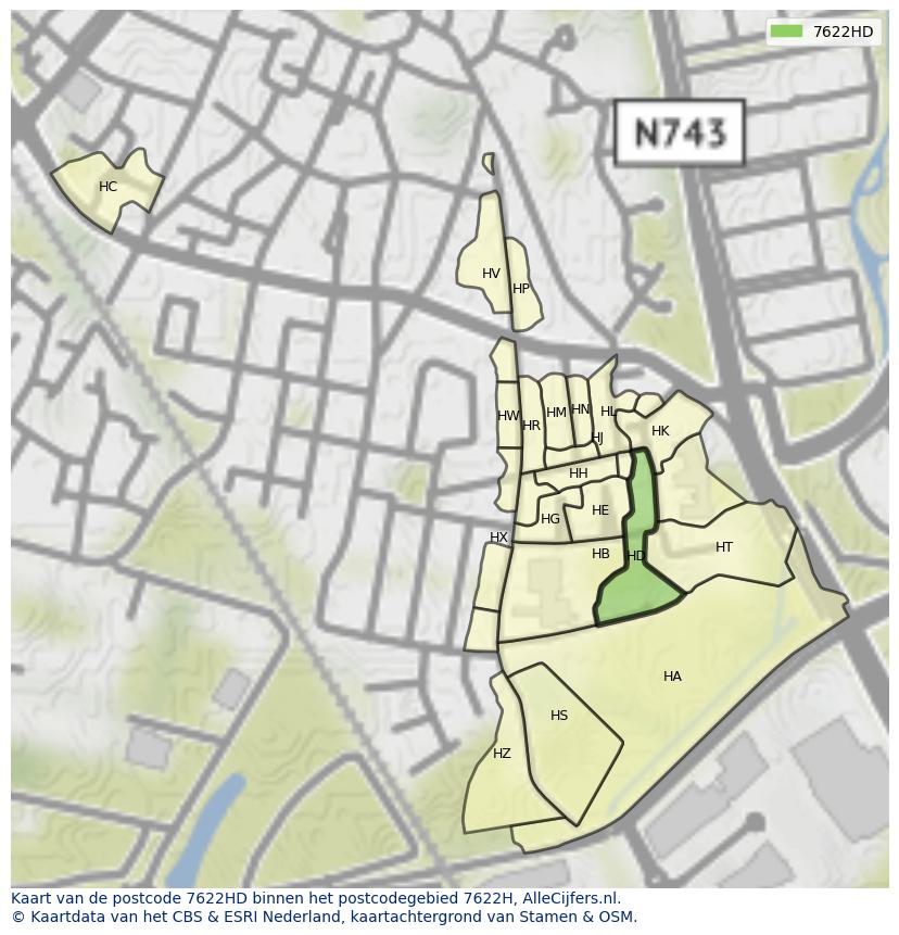 Afbeelding van het postcodegebied 7622 HD op de kaart.