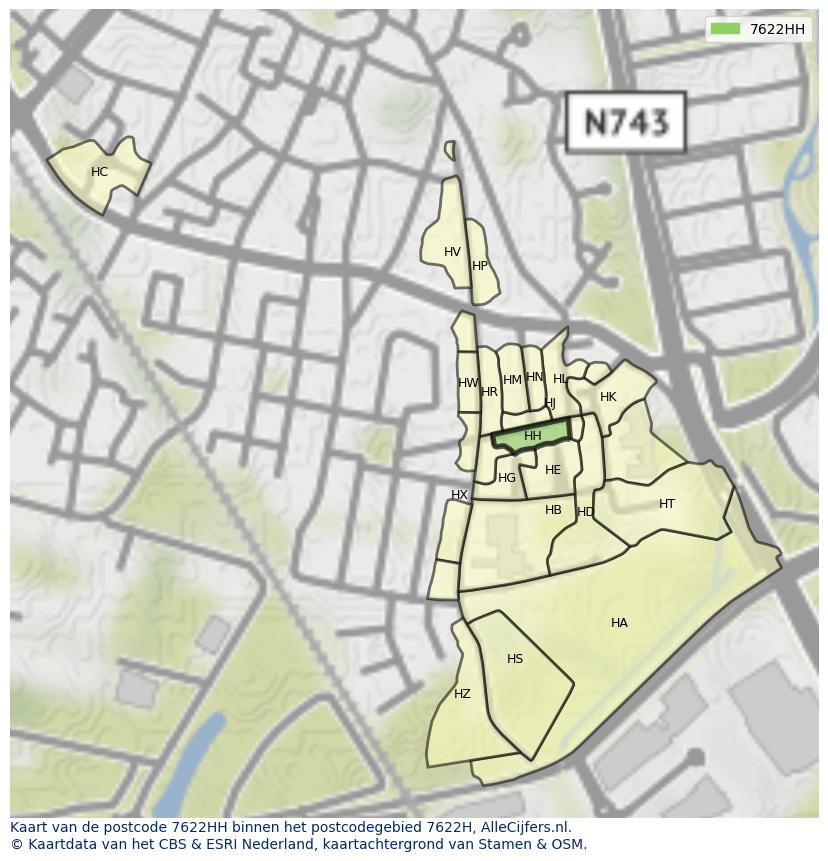 Afbeelding van het postcodegebied 7622 HH op de kaart.