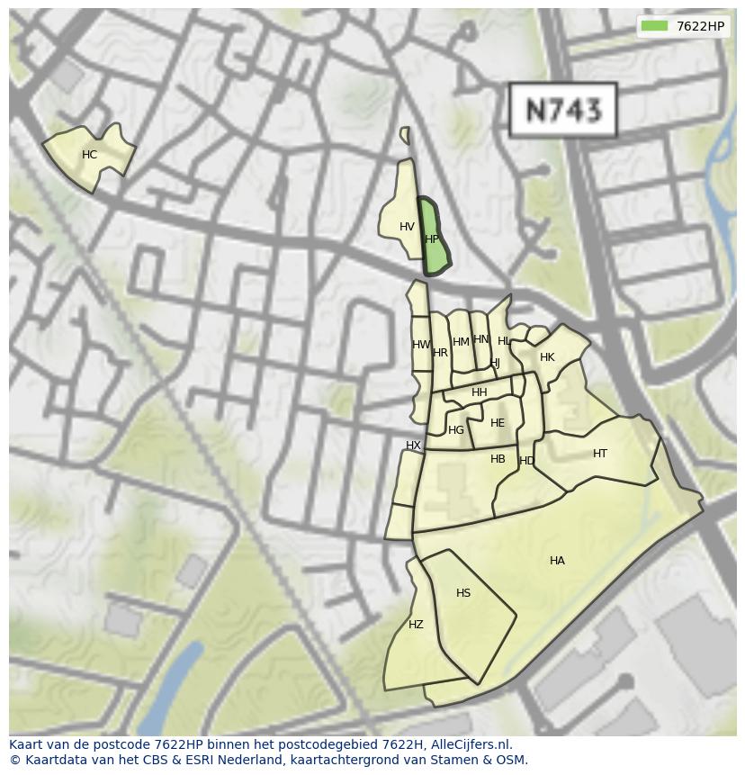 Afbeelding van het postcodegebied 7622 HP op de kaart.