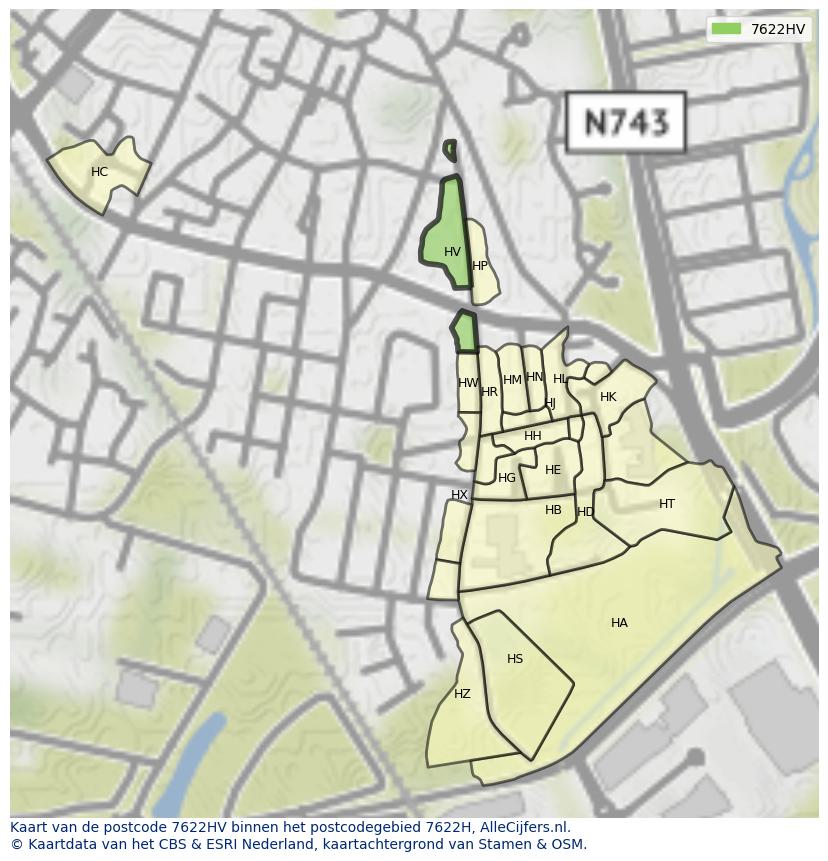 Afbeelding van het postcodegebied 7622 HV op de kaart.