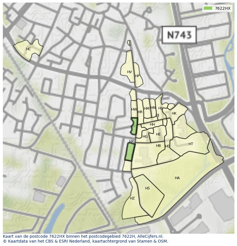 Afbeelding van het postcodegebied 7622 HX op de kaart.