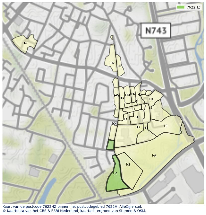 Afbeelding van het postcodegebied 7622 HZ op de kaart.