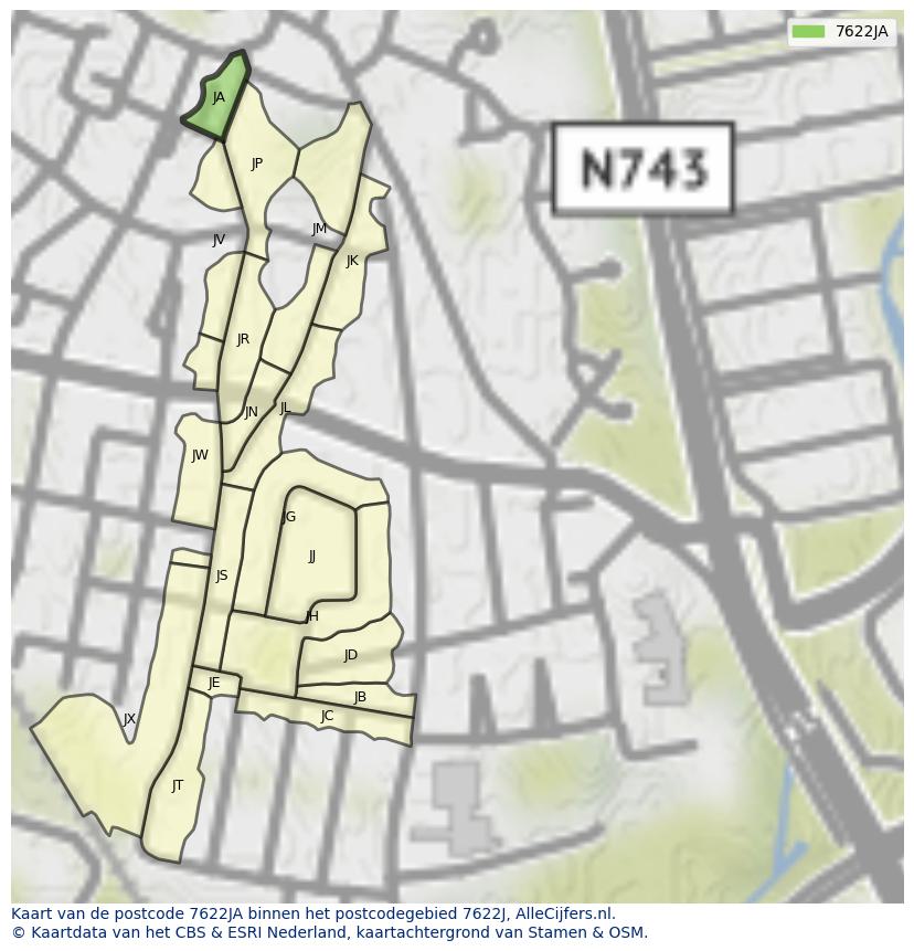 Afbeelding van het postcodegebied 7622 JA op de kaart.