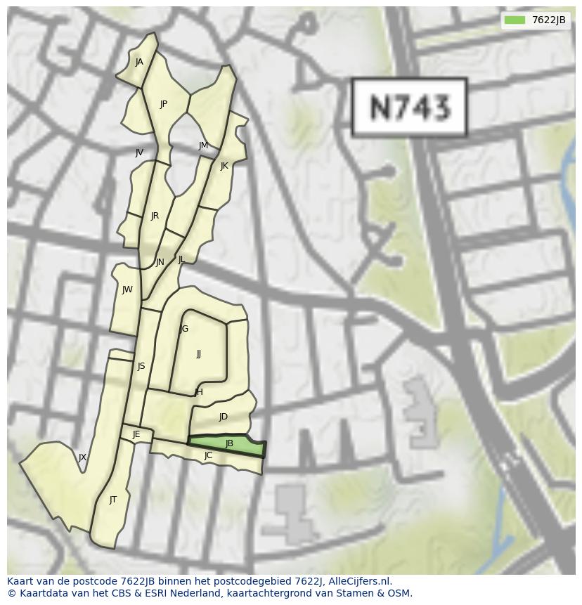 Afbeelding van het postcodegebied 7622 JB op de kaart.