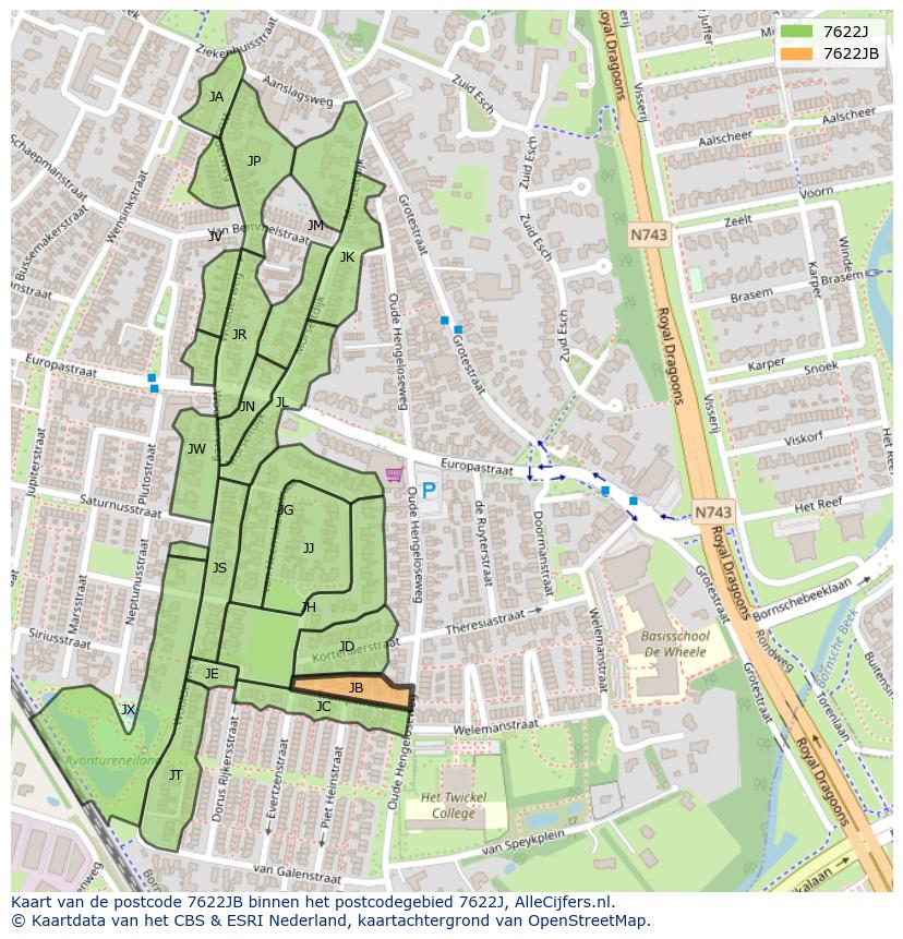 Afbeelding van het postcodegebied 7622 JB op de kaart.