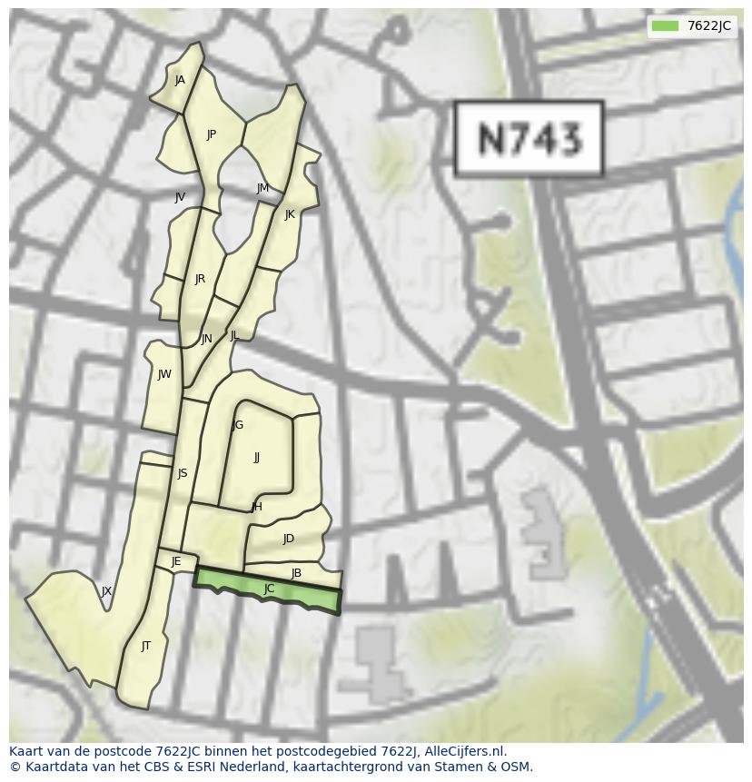 Afbeelding van het postcodegebied 7622 JC op de kaart.