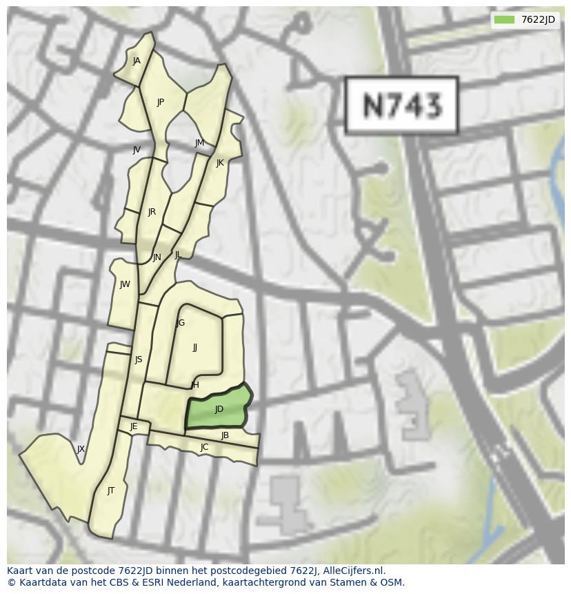 Afbeelding van het postcodegebied 7622 JD op de kaart.