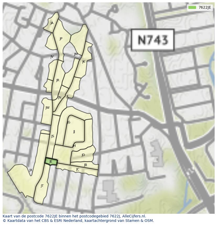 Afbeelding van het postcodegebied 7622 JE op de kaart.