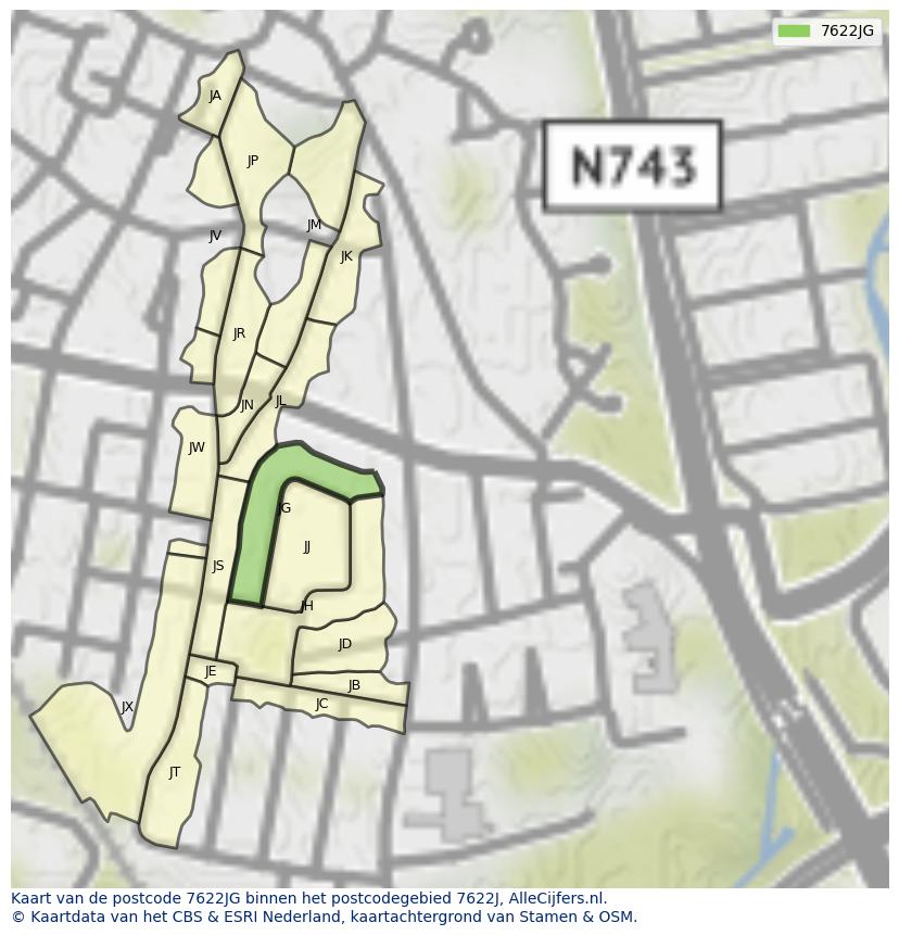 Afbeelding van het postcodegebied 7622 JG op de kaart.