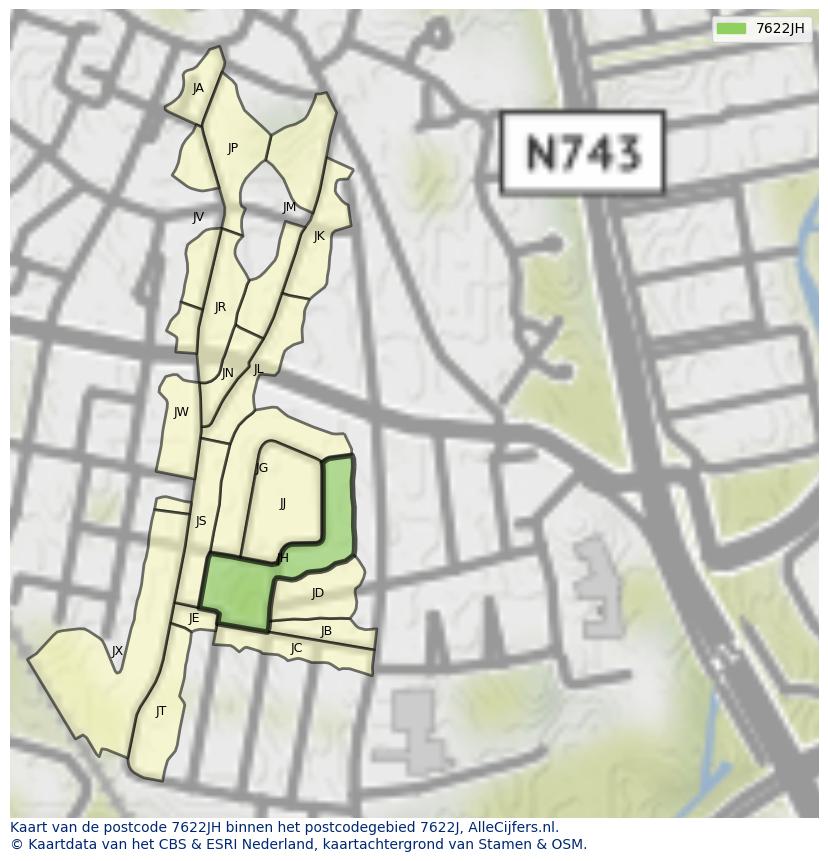 Afbeelding van het postcodegebied 7622 JH op de kaart.