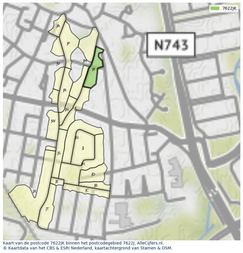 Afbeelding van het postcodegebied 7622 JK op de kaart.