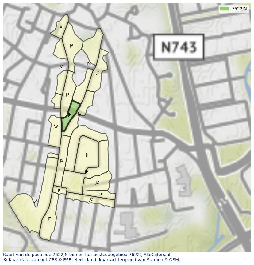 Afbeelding van het postcodegebied 7622 JN op de kaart.