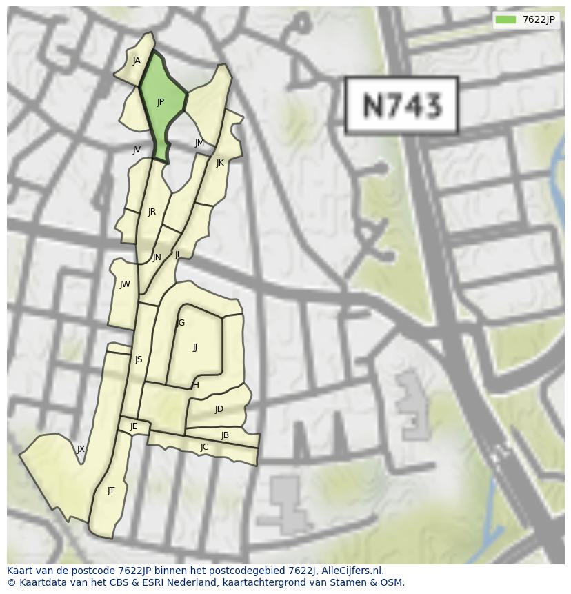 Afbeelding van het postcodegebied 7622 JP op de kaart.