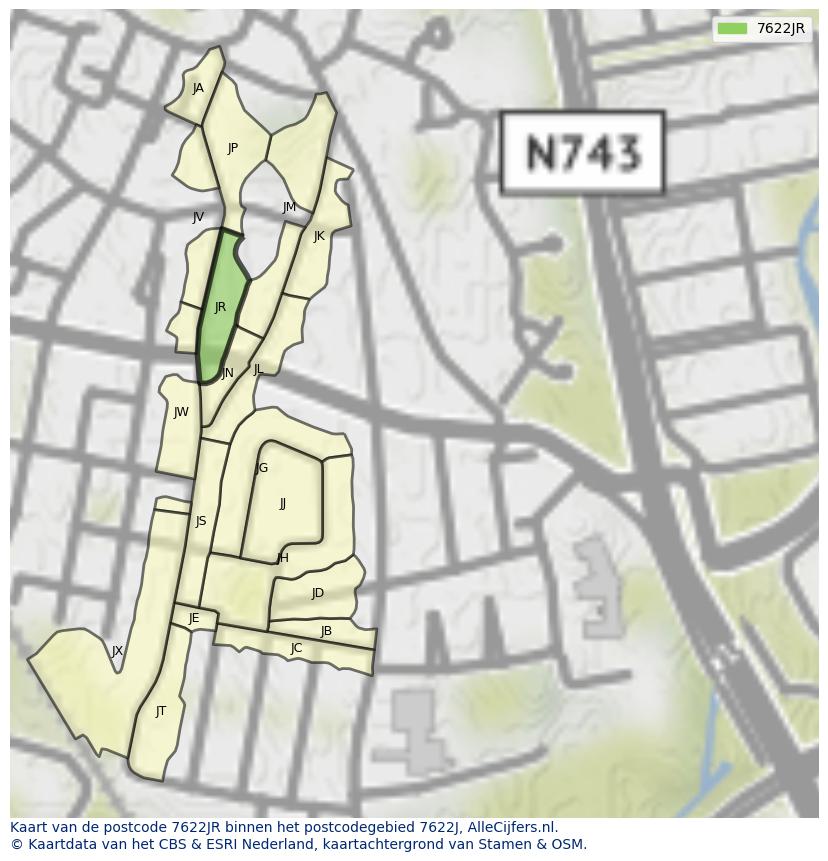 Afbeelding van het postcodegebied 7622 JR op de kaart.
