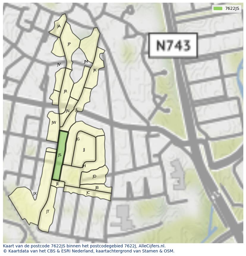 Afbeelding van het postcodegebied 7622 JS op de kaart.