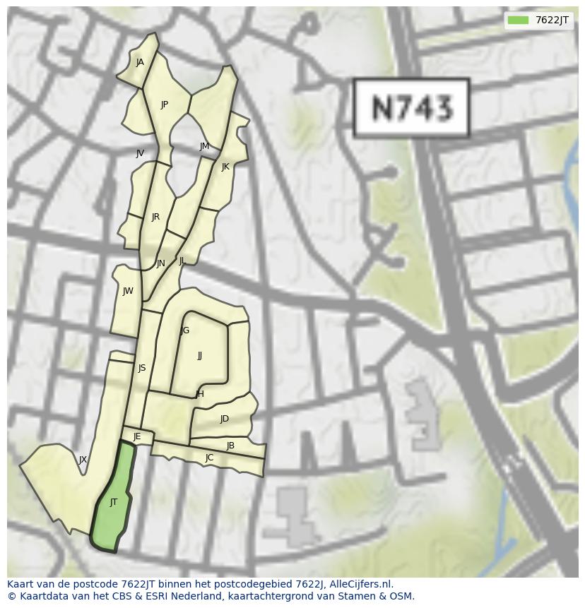 Afbeelding van het postcodegebied 7622 JT op de kaart.