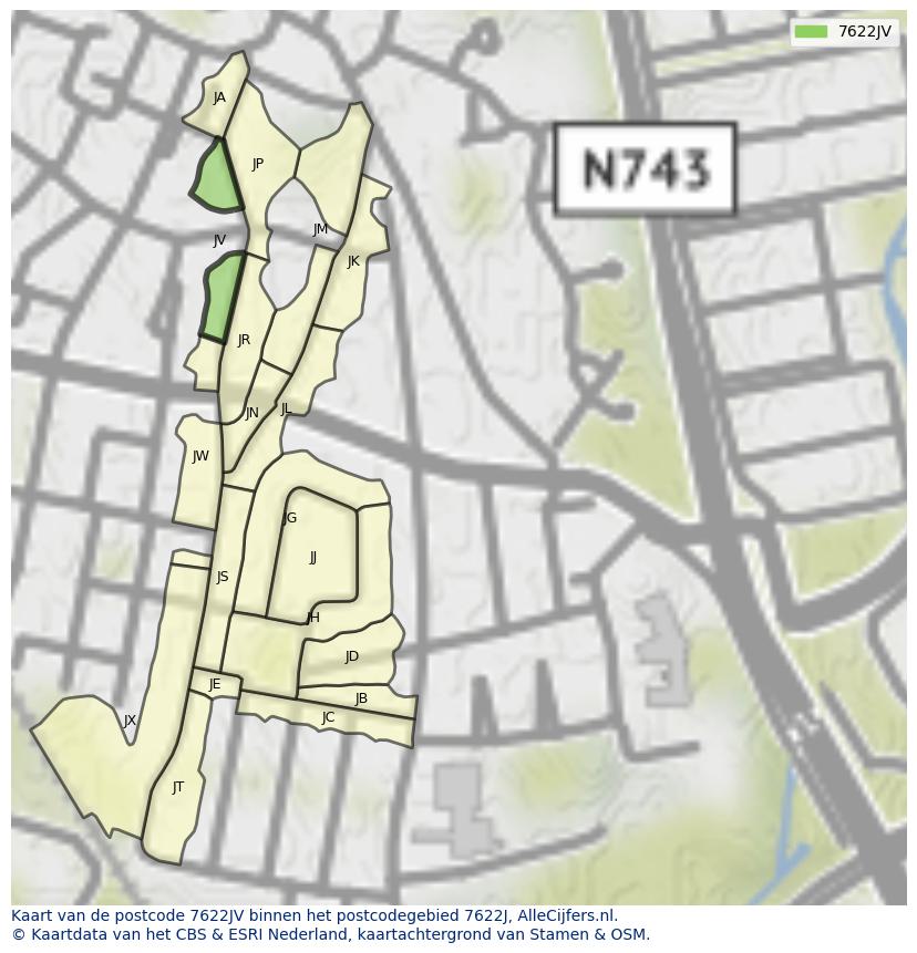 Afbeelding van het postcodegebied 7622 JV op de kaart.