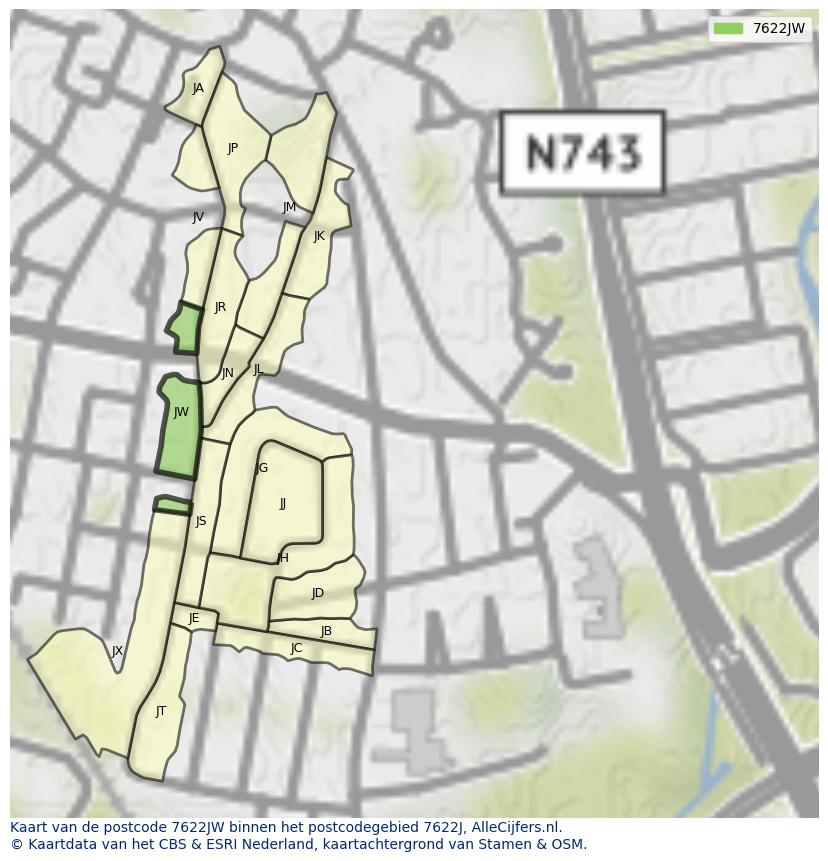 Afbeelding van het postcodegebied 7622 JW op de kaart.