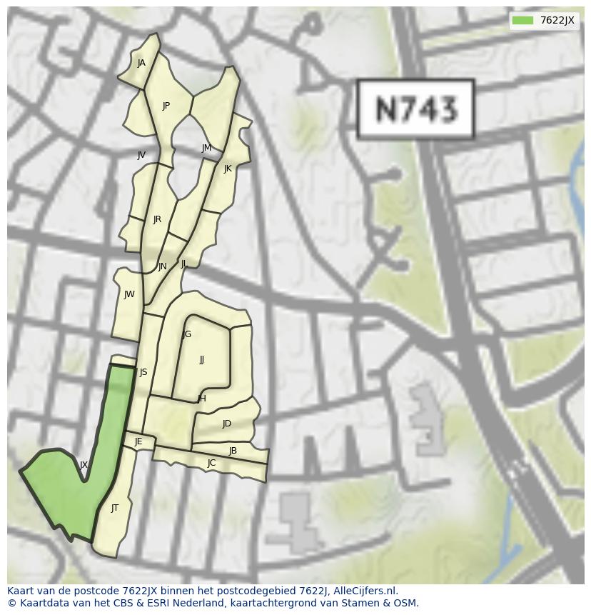 Afbeelding van het postcodegebied 7622 JX op de kaart.