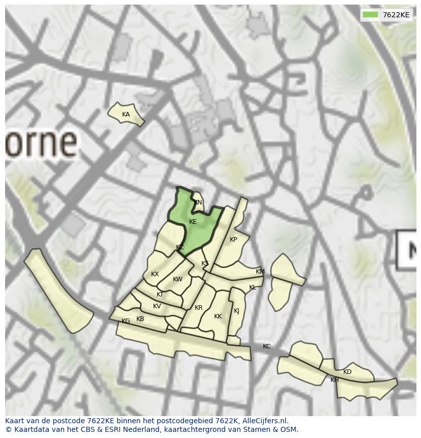 Afbeelding van het postcodegebied 7622 KE op de kaart.