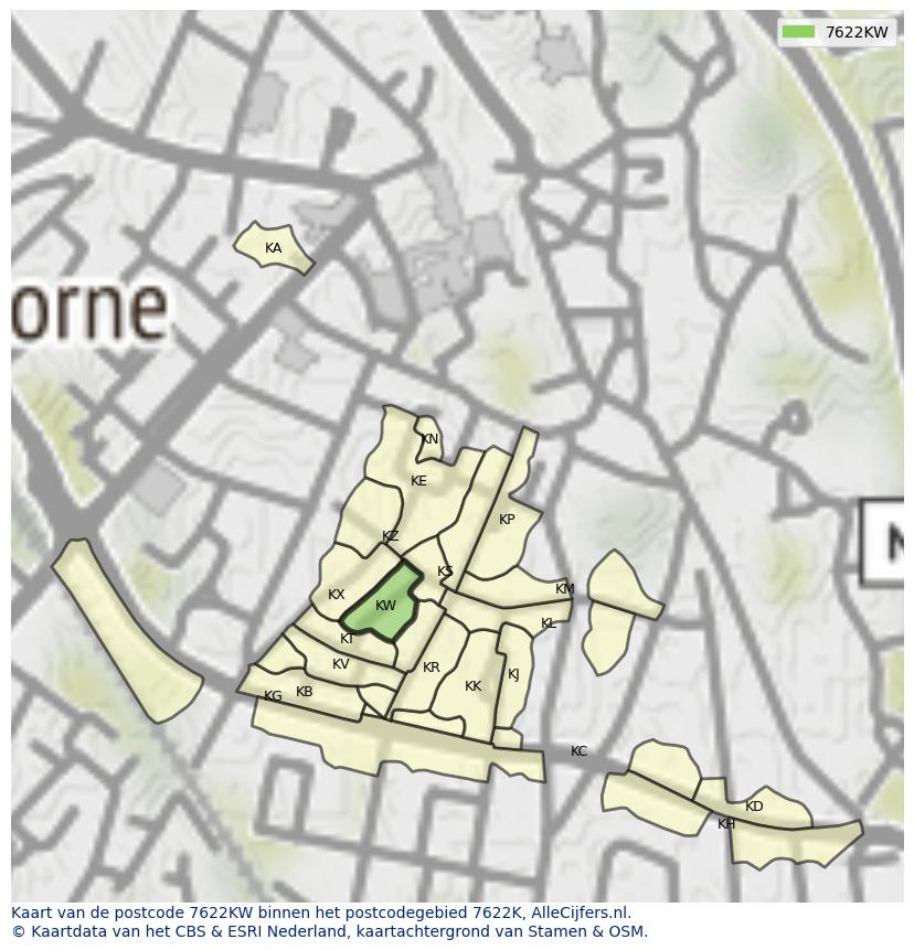 Afbeelding van het postcodegebied 7622 KW op de kaart.