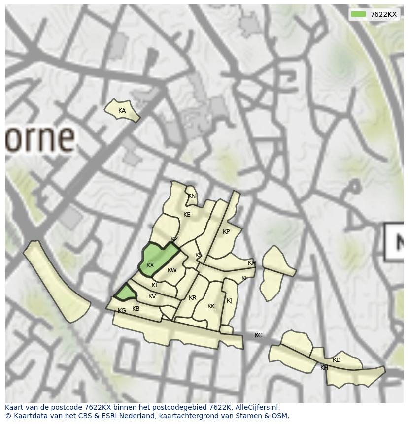 Afbeelding van het postcodegebied 7622 KX op de kaart.