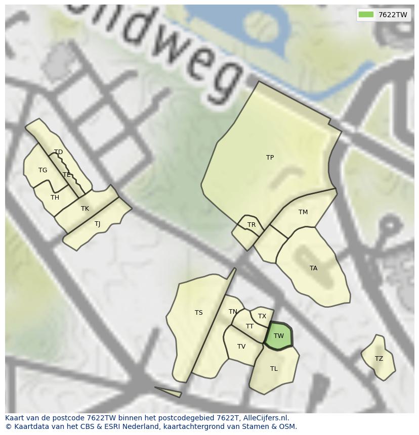 Afbeelding van het postcodegebied 7622 TW op de kaart.
