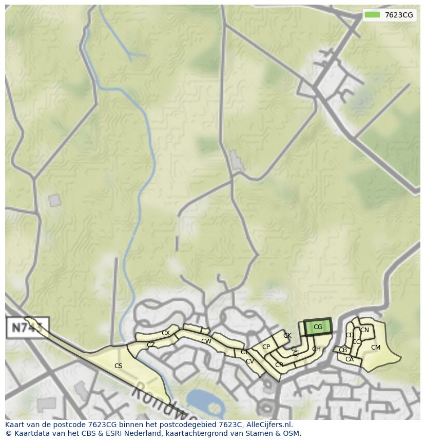 Afbeelding van het postcodegebied 7623 CG op de kaart.