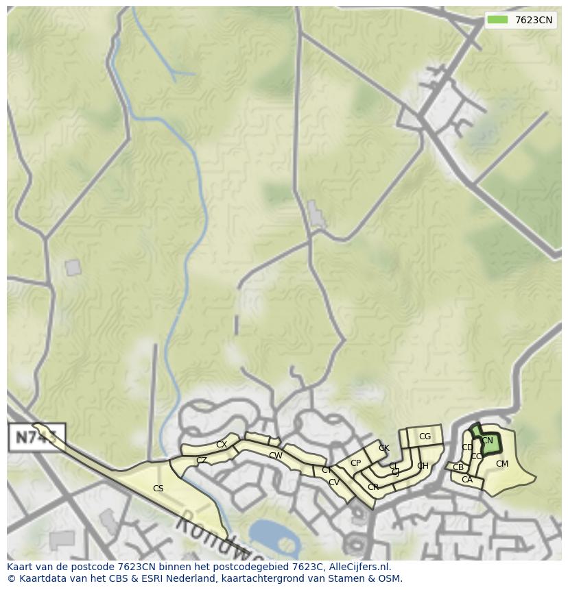 Afbeelding van het postcodegebied 7623 CN op de kaart.