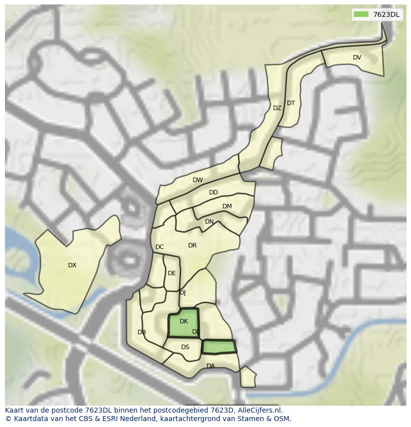 Afbeelding van het postcodegebied 7623 DL op de kaart.