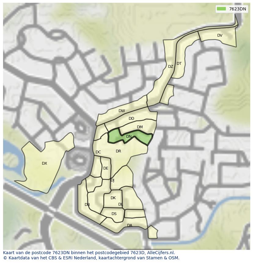 Afbeelding van het postcodegebied 7623 DN op de kaart.