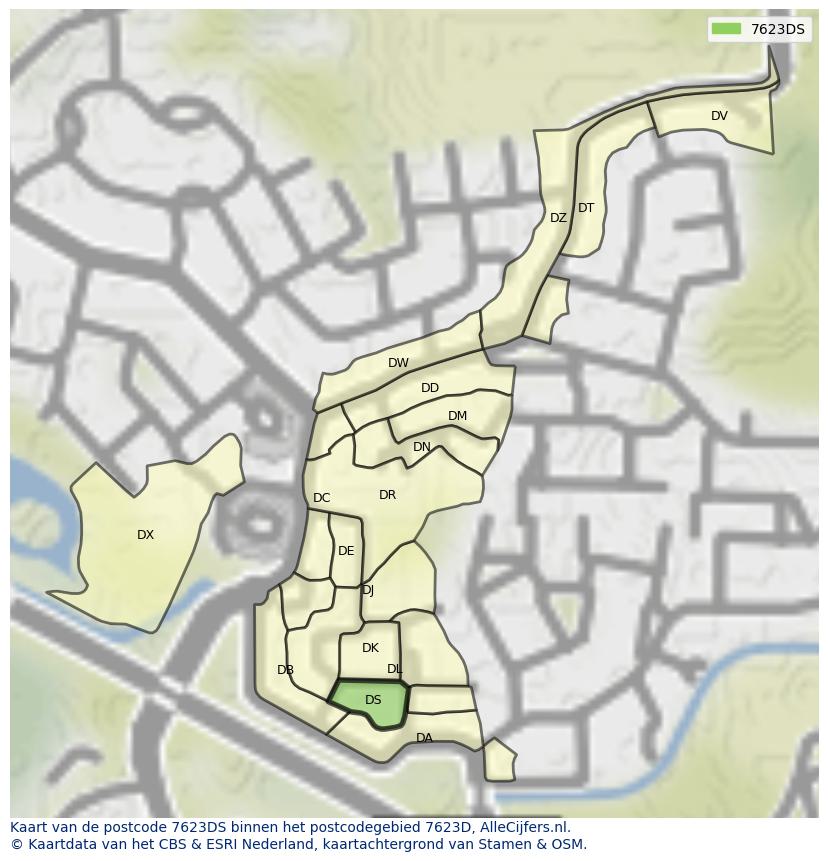 Afbeelding van het postcodegebied 7623 DS op de kaart.