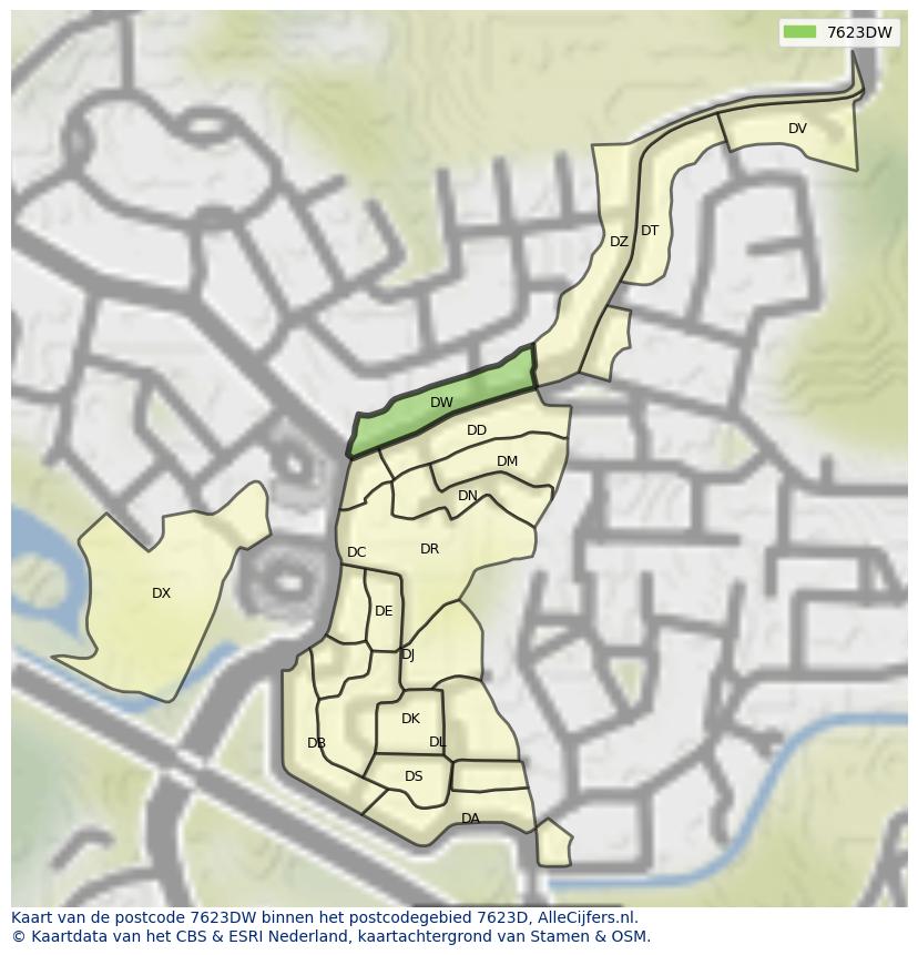 Afbeelding van het postcodegebied 7623 DW op de kaart.