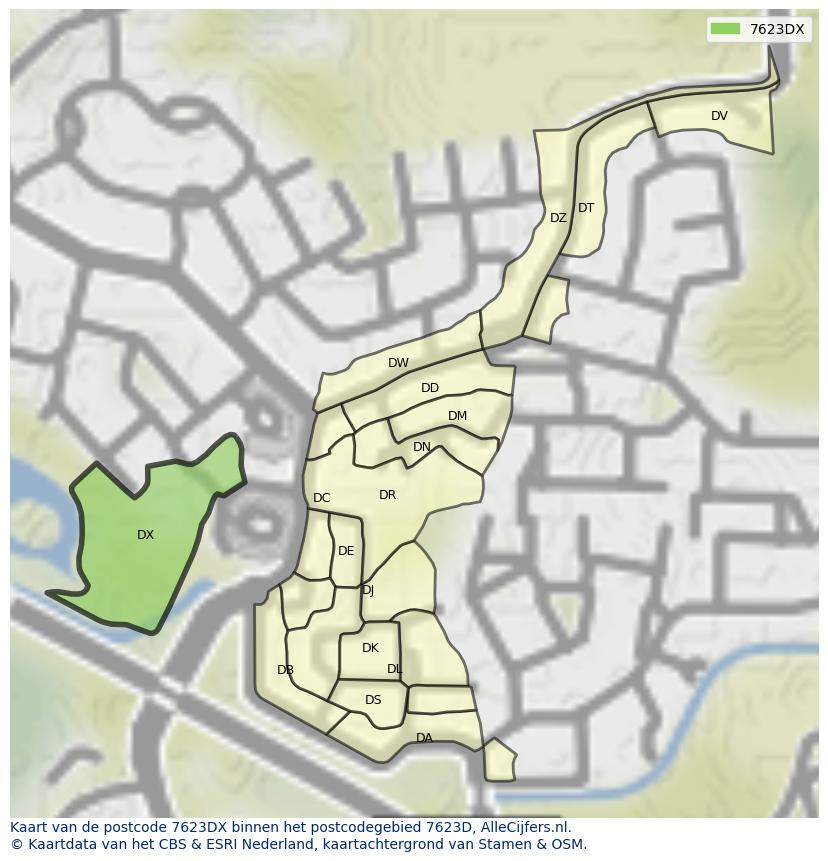 Afbeelding van het postcodegebied 7623 DX op de kaart.