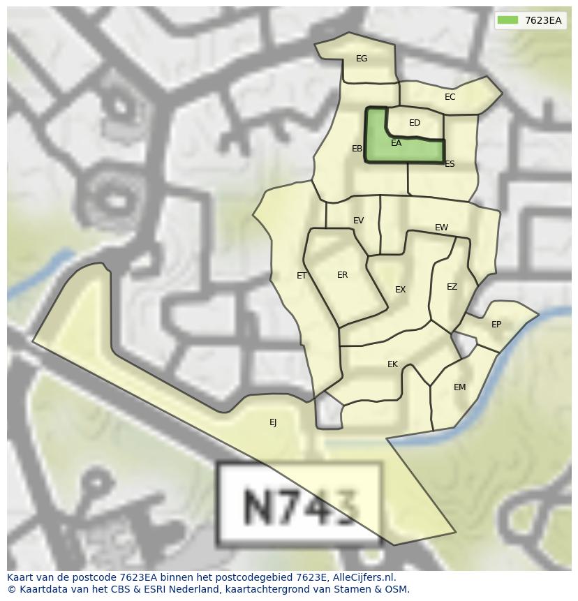 Afbeelding van het postcodegebied 7623 EA op de kaart.