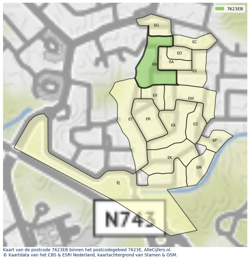 Afbeelding van het postcodegebied 7623 EB op de kaart.