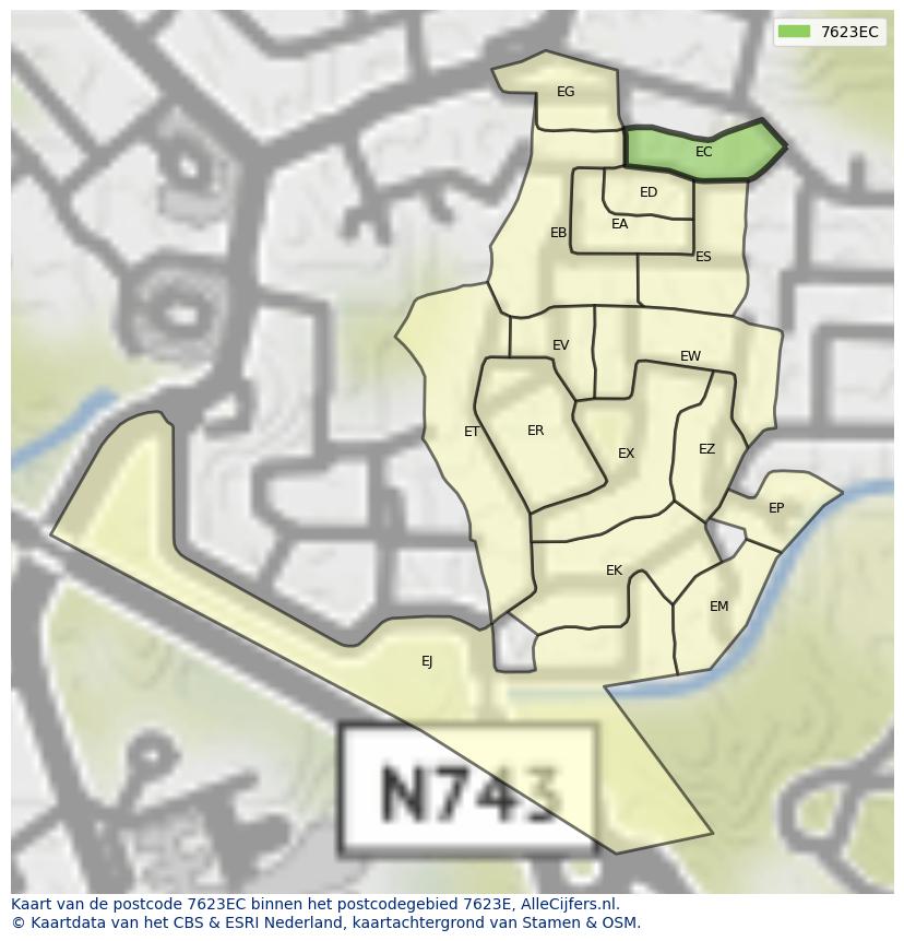 Afbeelding van het postcodegebied 7623 EC op de kaart.