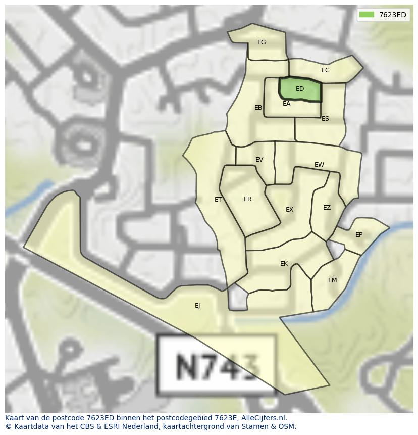 Afbeelding van het postcodegebied 7623 ED op de kaart.