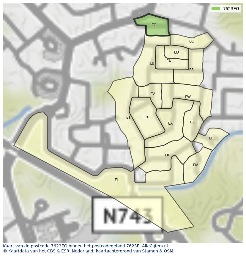 Afbeelding van het postcodegebied 7623 EG op de kaart.