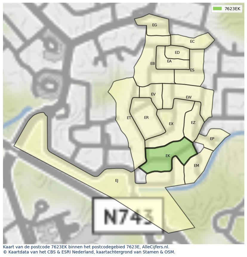 Afbeelding van het postcodegebied 7623 EK op de kaart.