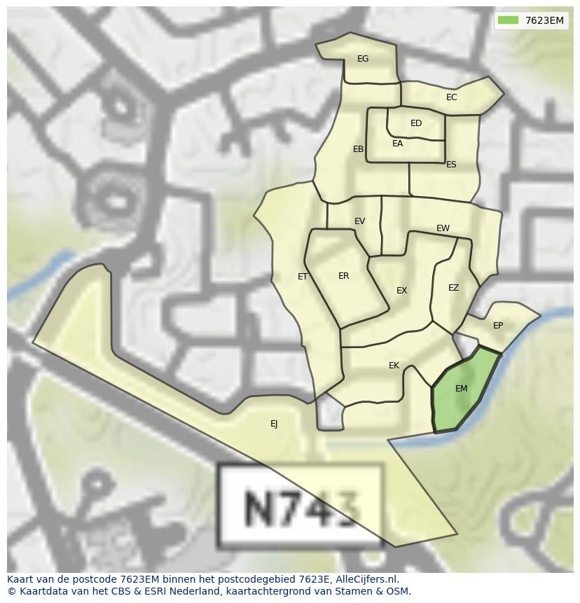 Afbeelding van het postcodegebied 7623 EM op de kaart.