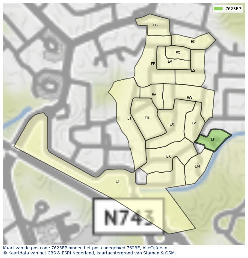 Afbeelding van het postcodegebied 7623 EP op de kaart.