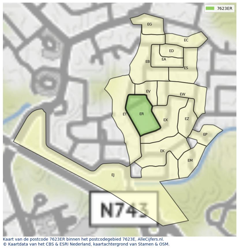 Afbeelding van het postcodegebied 7623 ER op de kaart.